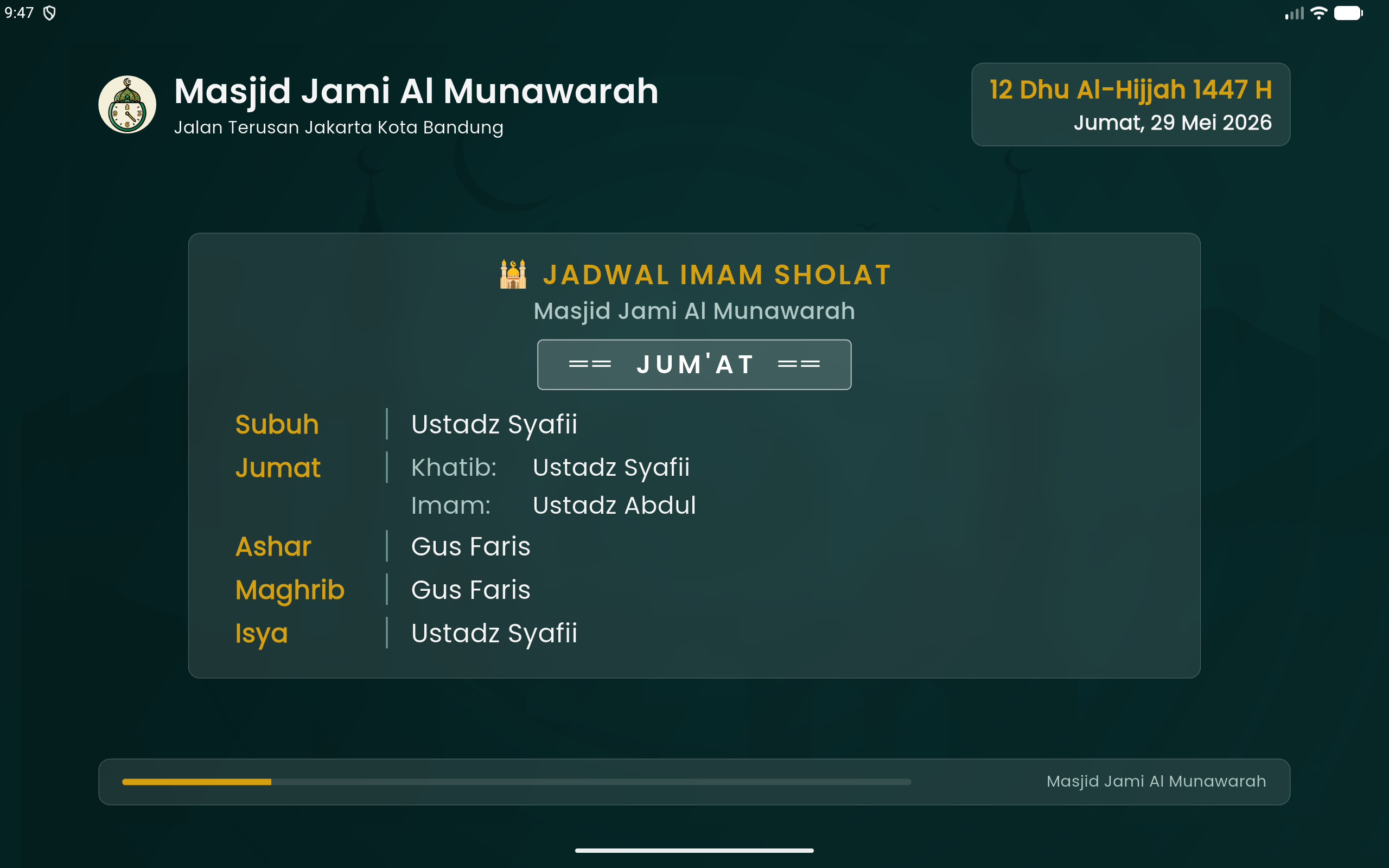 Tampilan jadwal imam sholat Jumat dengan Khatib dan Imam terpisah