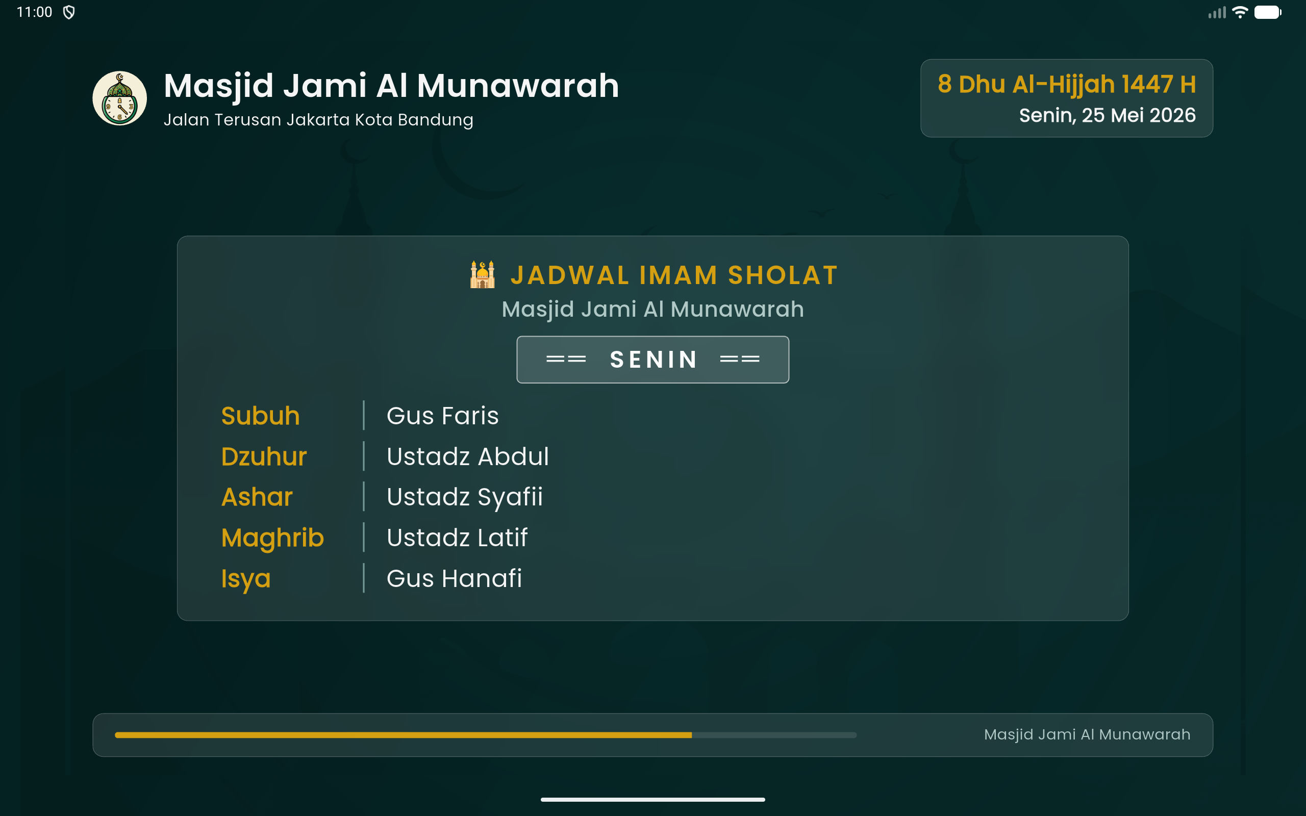 Tampilan jadwal imam sholat hari biasa di layar utama