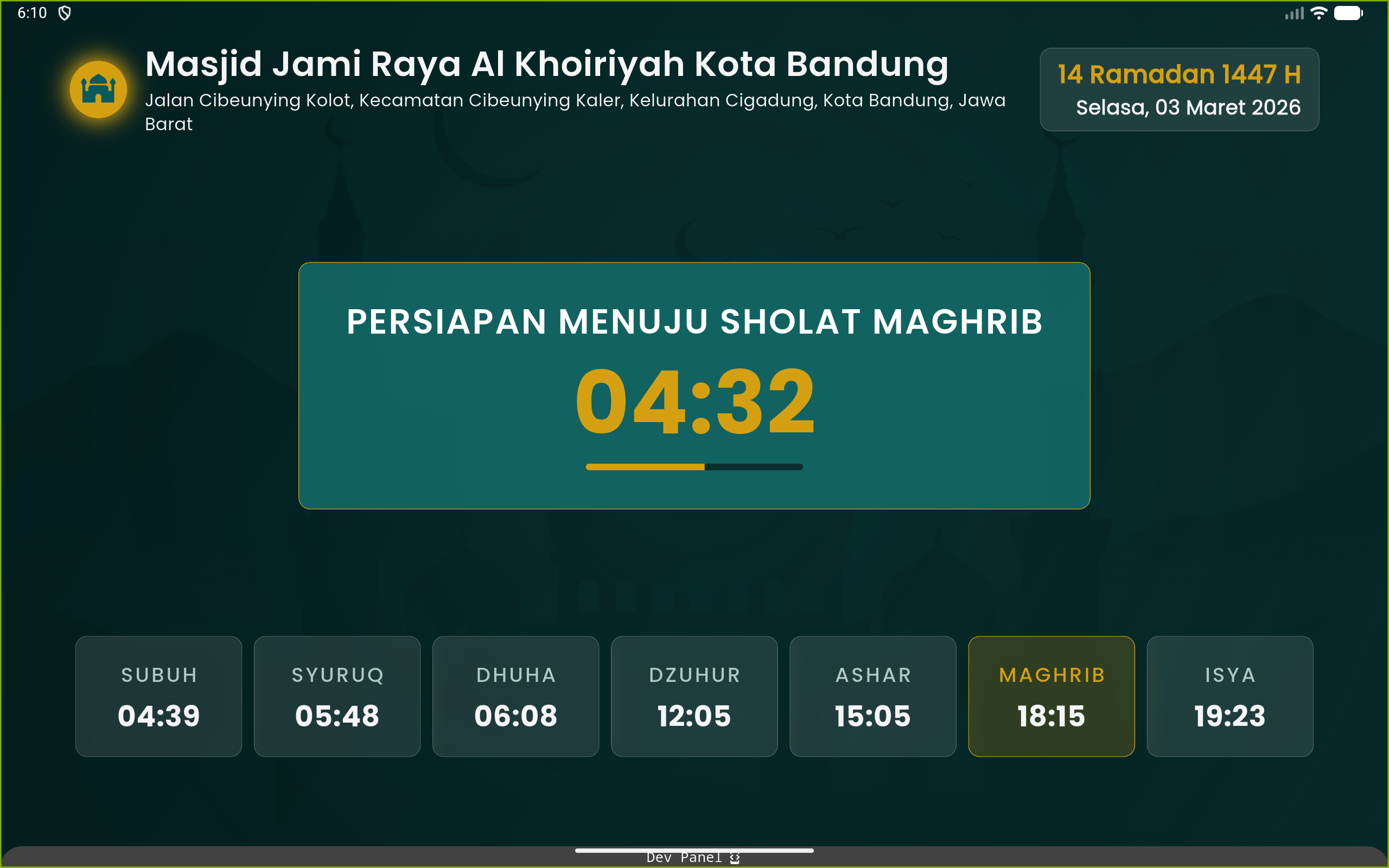Tampilan hitung mundur menjelang adzan