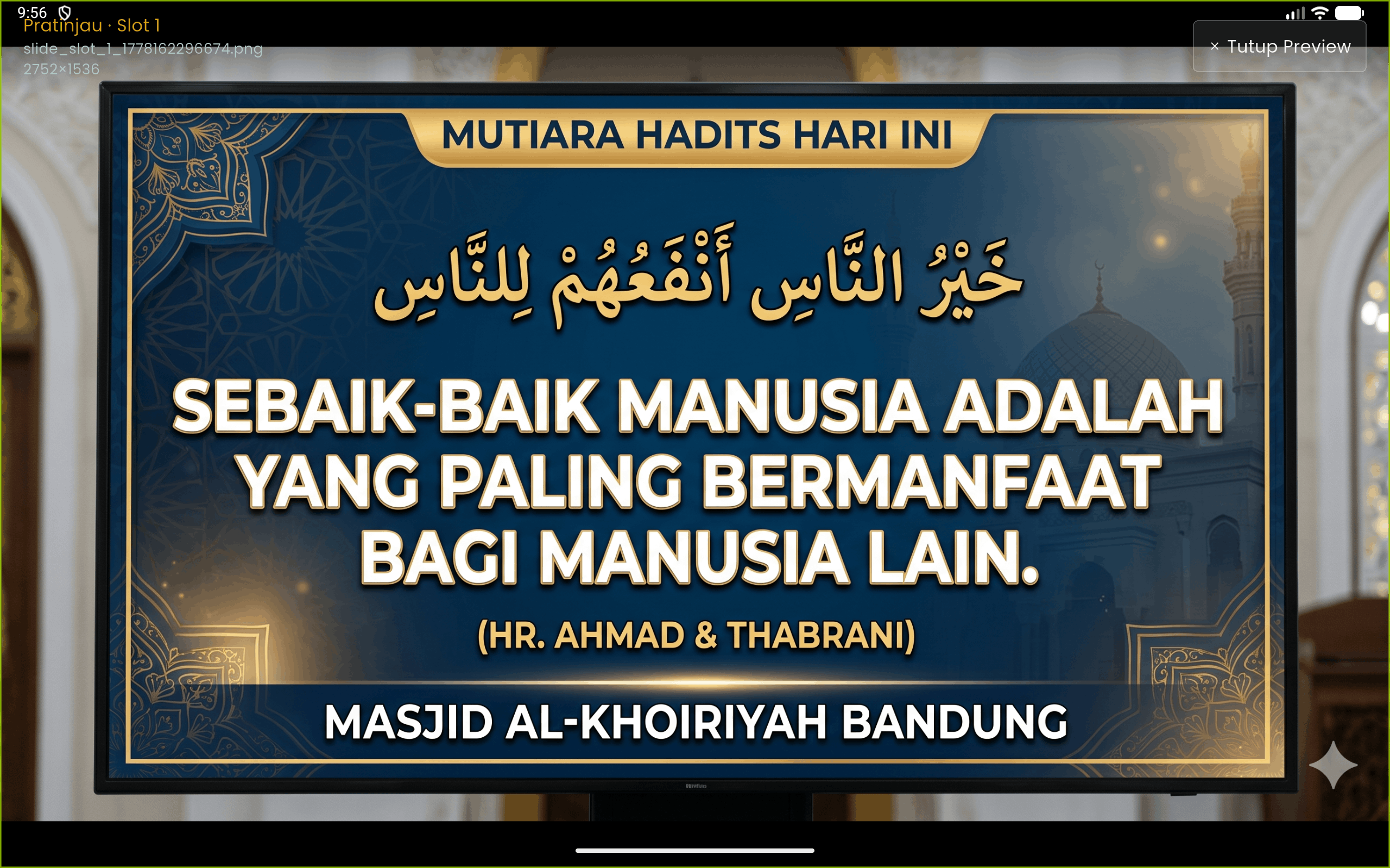 Tampilan slideshow pengumuman kegiatan masjid