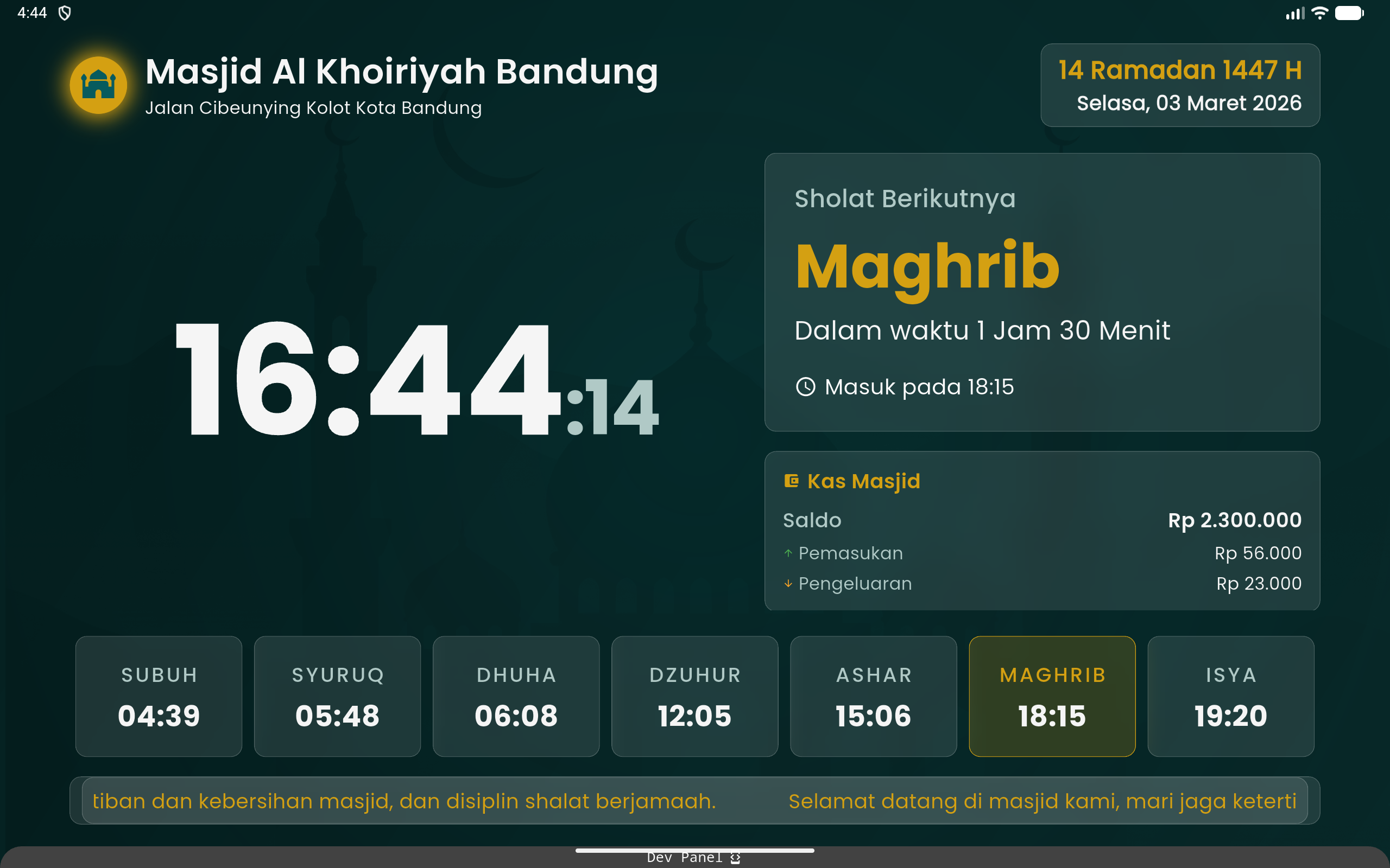 Tampilan layar utama Miqotul Khoir TV Masjid